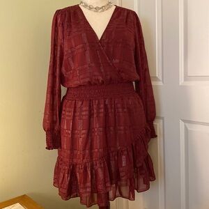 Michael Kors NWOT burgundy silver metallic ruffled long sleeve holiday dress